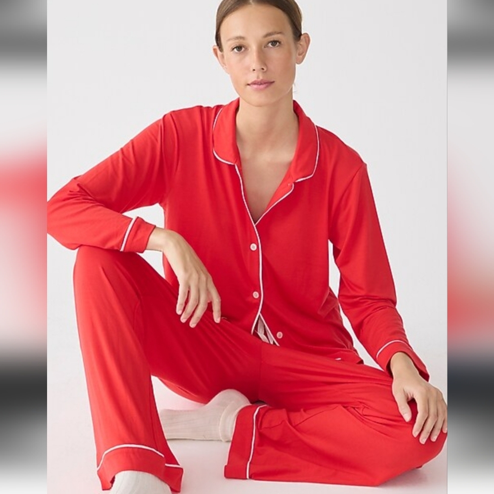 J. Crew Red Pajama Set With White Piping Large